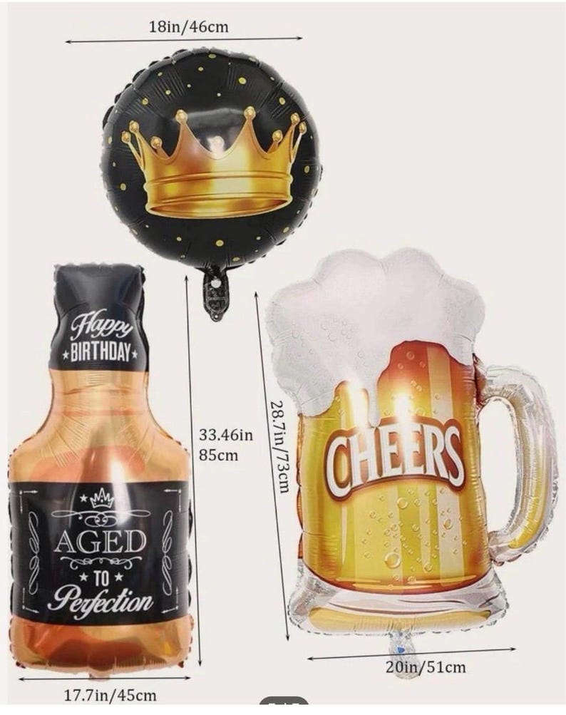 K&ouml;nnte beinhalten: Ein Set aus drei Folienballons, bestehend aus einem schwarzen runden Ballon mit goldener Krone, einem braunen flaschenf&ouml;rmigen Ballon mit der Aufschrift Happy Birthday Aged to Perfection und einem Bierkrug-Ballon mit der Aufschrift Cheers, Ma&szlig;e 46cm, 85cm, 51cm, 45cm.