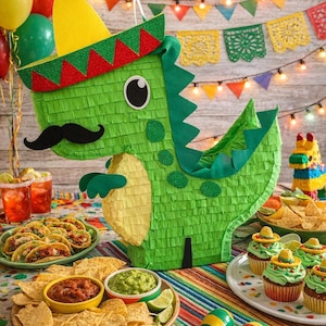 Dinosaur Party Piñata, Cinco de Mayo Dino Party Decor, Funny Mustache Dino, Mexican Theme Party Decor. Complete Mexican Kit Available
