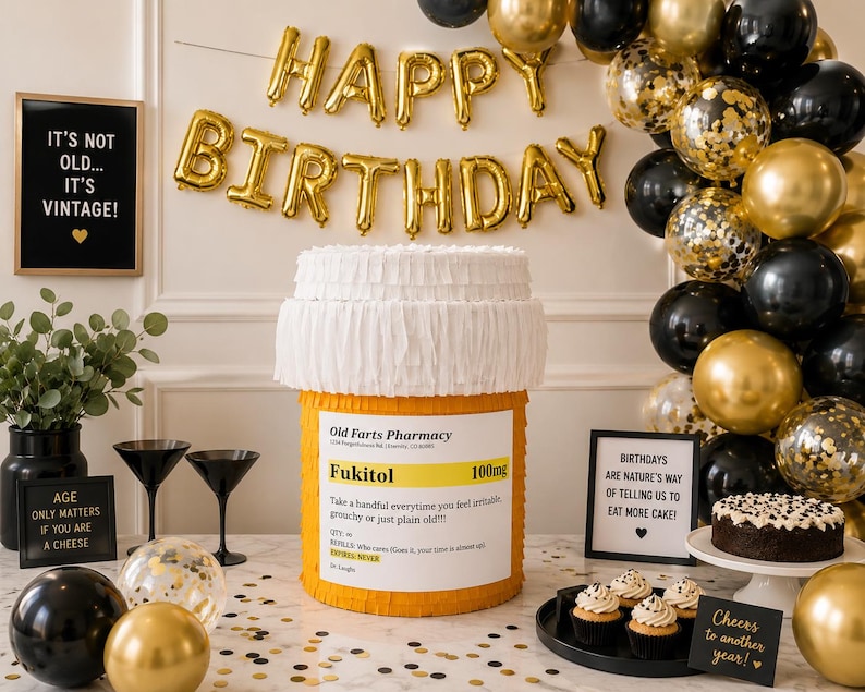 May include: A large orange and white cylindrical pi&ntilde;ata designed to resemble a prescription pill bottle with the text Old Farts Pharmacy, Fukitol 100mg, and instructions to take a handful whenever feeling irritable, grouchy, or just plain old.