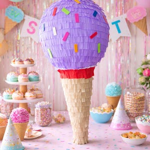 May include: A large, purple ice cream cone pi&ntilde;ata with colorful confetti decorations. The pi&ntilde;ata is the centerpiece of a party scene, surrounded by cupcakes, ice cream cones, and colorful balloons. The table is covered in a pink tablecloth with sprinkles.