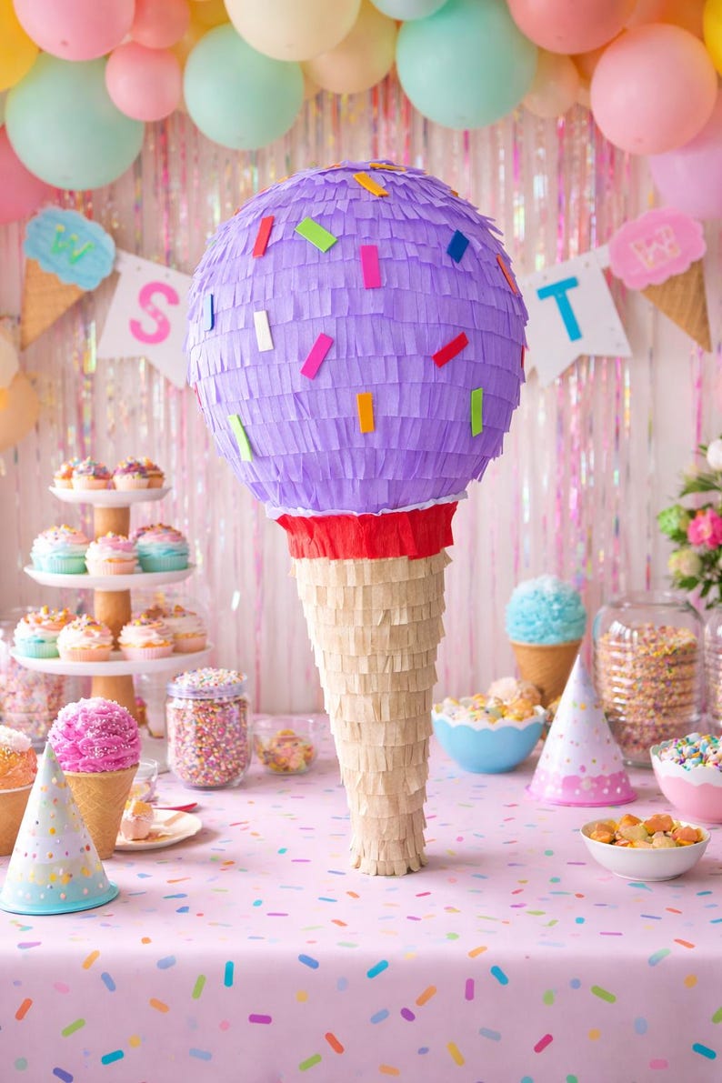 May include: A large, purple ice cream cone pi&ntilde;ata with colorful confetti decorations. The pi&ntilde;ata is the centerpiece of a party scene, surrounded by cupcakes, ice cream cones, and colorful balloons. The table is covered in a pink tablecloth with sprinkles.