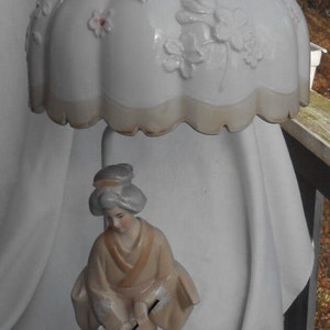Ardalt Lenwile Japanese Figural geisha girl Porcelain Table Lamp Woman Kimono Umbrella Reticulated Vintage 21&quot; Llardo look