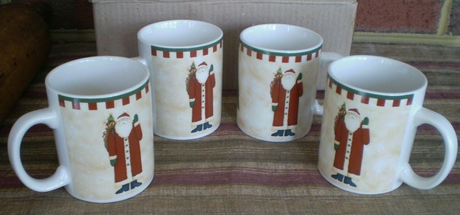 16 Pc Debbie Mumm Folk Art Santas Dinnerware Service for 4 Dinner