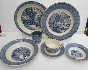 22-delig Royal China Currier and Ives servies dinerborden kommen glazen taartbord schotel kopjes schotel uitstekende staat
