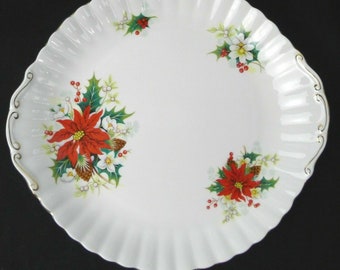 Royal Albert Poinsettia Cake plate handles England platter gold 11&quot; Christmas cookies cupcakes