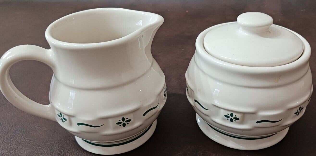 Longaberger Pottery Woven Traditions Green Creamer and Covered Sugar