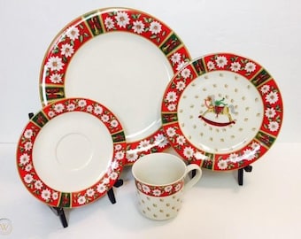 16 pc Charlton Hall Kobe dinner salad plate cup saucer Christmas horse holiday dinnerware 4 place settings