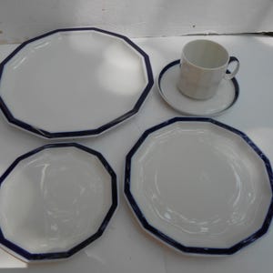 Rosenthal Mykonos Blue Band Dinnerware Set: Cobalt Trimmed Polygon Plates, Cups, Saucers