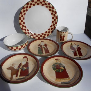 16 pc Debbie Mumm Folk Art Santas dinnerware service for 4 dinner salad plates soup bowl mugs pine tree Christmas