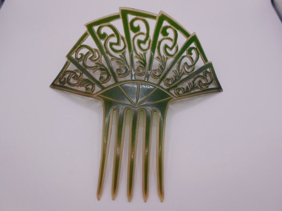 VICTORIAN celluloid mantilla hair comb green pein… - image 4