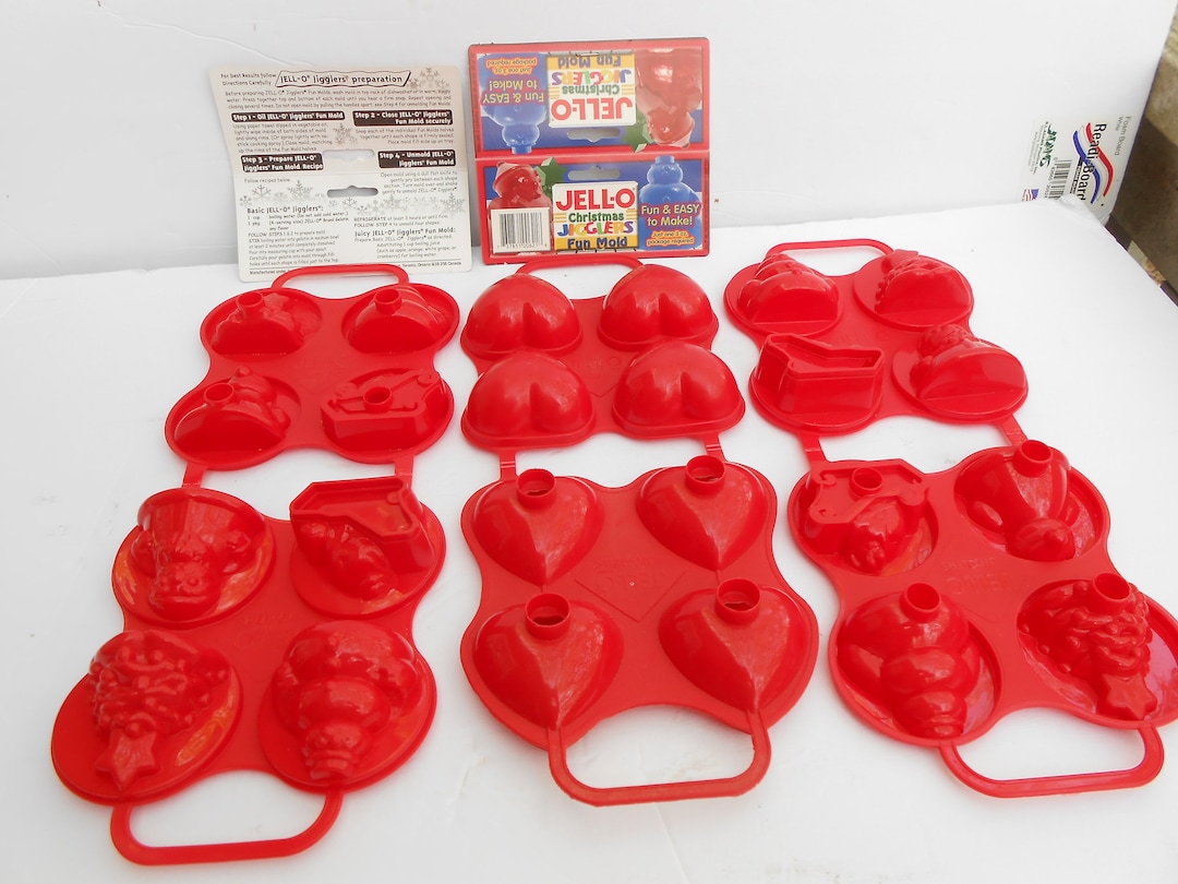 3 JELLO Jigglers Egg Molds Sculptured Hearts 2 Christmas Valentines Day Tree Snowman Red