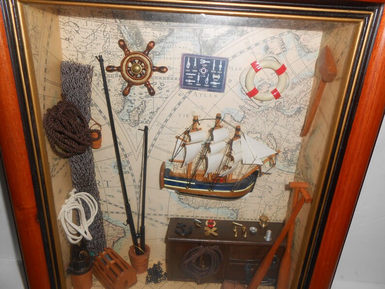 Vintage Nautical Shadow Box: Sailboat, Fishing Decor, Wooden Frame - Etsy