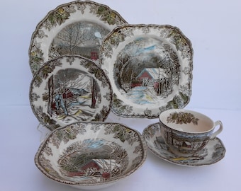24 pc Friendly Village Johnson Brothers dinnerware dinner salad bread plates square soup bowls cup saucers England 6 pc setting transferware