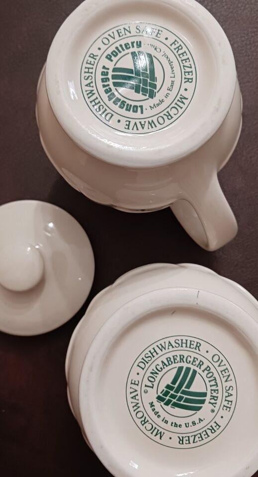 Longaberger Pottery Woven Traditions Green Creamer and Covered Sugar