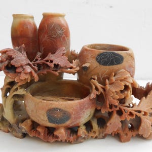Antique Hand Carved Chinese SOAPSTONE Bird Flower Vase Sculpture Asian
