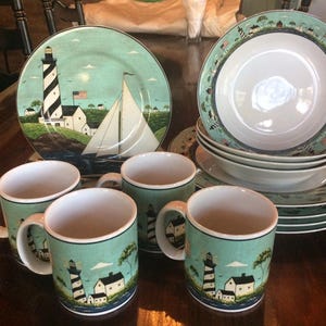 16 pc Warren Kimble Coastal Breeze nautical lighthouse dinnerware dinner salad plates soup bowls mugs lot excellent