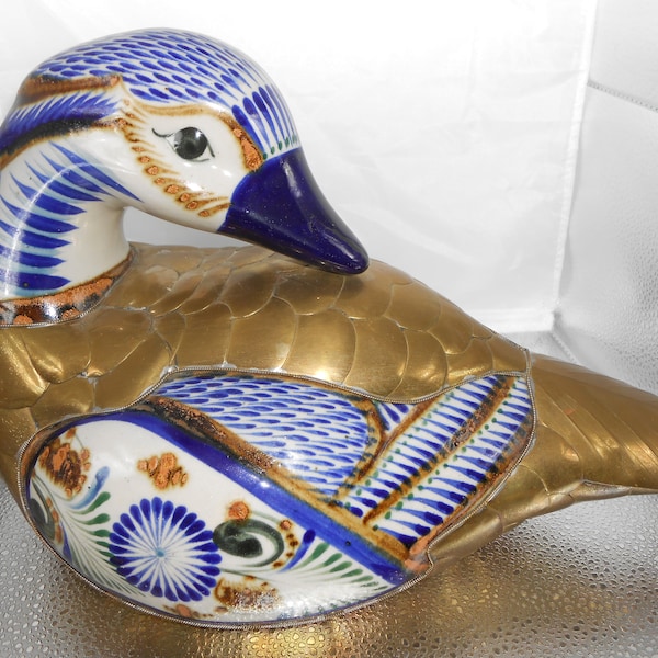 Tonala Mexico Art Pottery Duck bird Figurine Brass Metal Encased 15" life size