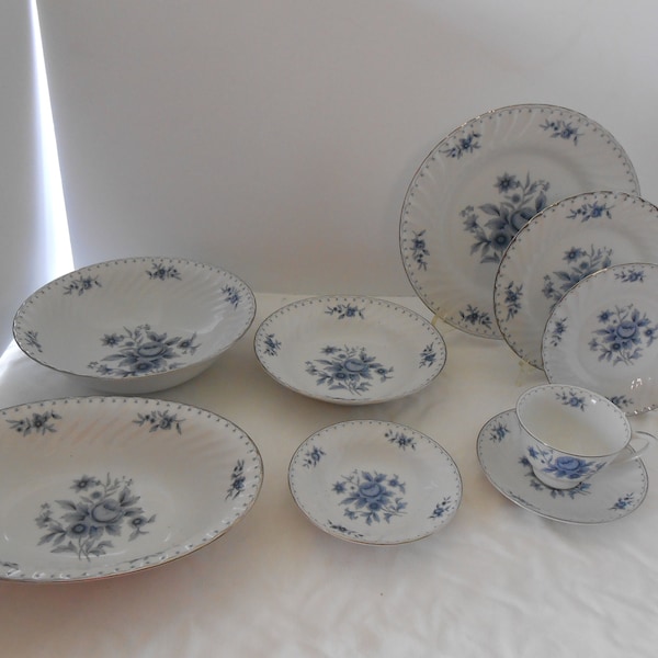 30 p Sango Meissen Blue Rose dinnerware lot dinner salad plate berry soup bowl cup round oval serving bowls platinum trim