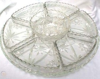 EAPC Early American Prescut lazy susan 8 pc relish tray platter star of David 13 1/2&quot; Anchor Hocking crystal clear vintage