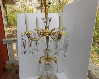 Antique Victorian Crystal Table Lamp, Bell Floral Shade, 4-Arm Candelabra