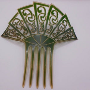 VICTORIAN celluloid mantilla hair comb green peineta 7 1/2&quot; art nouveau deco large