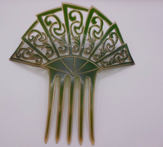 VICTORIAN celluloid mantilla hair comb green pein… - image 1