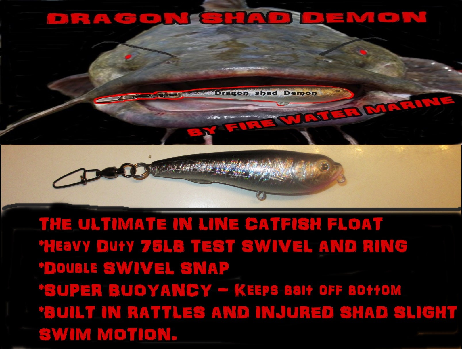Catfish Rattling Line Float Lure for Catfishing, Demon Dragon Style Peg for  Santee Rig Fishing, 4 inch