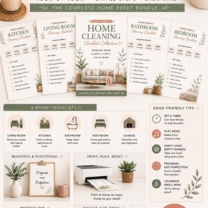 May include: A digital collection of ADHD-friendly home cleaning checklists featuring room-by-room guides, cleaning sprints, and organizational tips. The printable documents include text headers, icons, and task lists for kitchens, living rooms, bathrooms, and bedrooms.