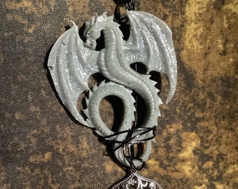Dark Grey Resin Dragon Necklace Wire-Wrapped with Silver Glitter and Charm Dungeons and Dragons Jewelry Fantasy Mythical Creature
