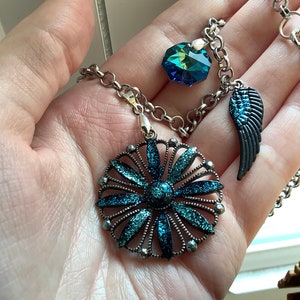 Blue and Black Angel Wing Necklace Angel Wings Necklace Hand-Painted Blue Pendant Necklace Raven Teen Titans
