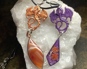 Choice of Dragon Necklace with Orange Gemstone or Purple Dragon with Dried Flowers Necklace Dungeons and Dragons Jewelry
