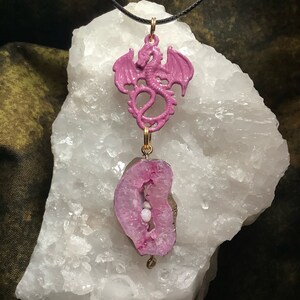 Pink Geode Agate Dragon Necklace Dungeons and Dragons Mythical Creature Fantasy Necklace Hand-Painted Pink Dragon Necklace One-of-a-kind