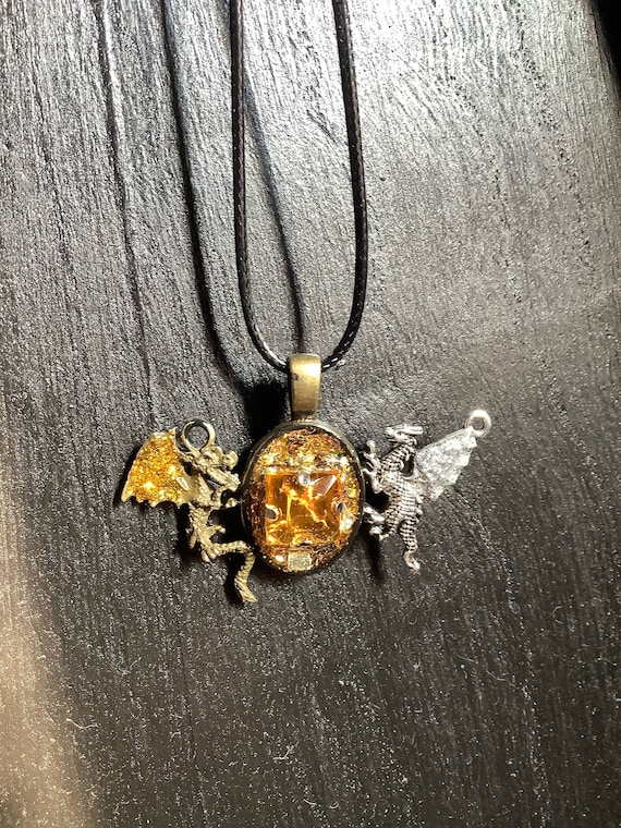 Resin Silver and Gold Dragon Necklace Double Dragon Necklace
