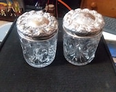 Vintage Etched Crystal Dresser Jars Cigar Humidor Lot of 2 Pewter Lid Heavy