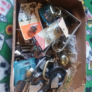 Hardware Misc Box Brass Window Latches Cabinet Locks Door Stops Knobs Hinges Screws Hangers
