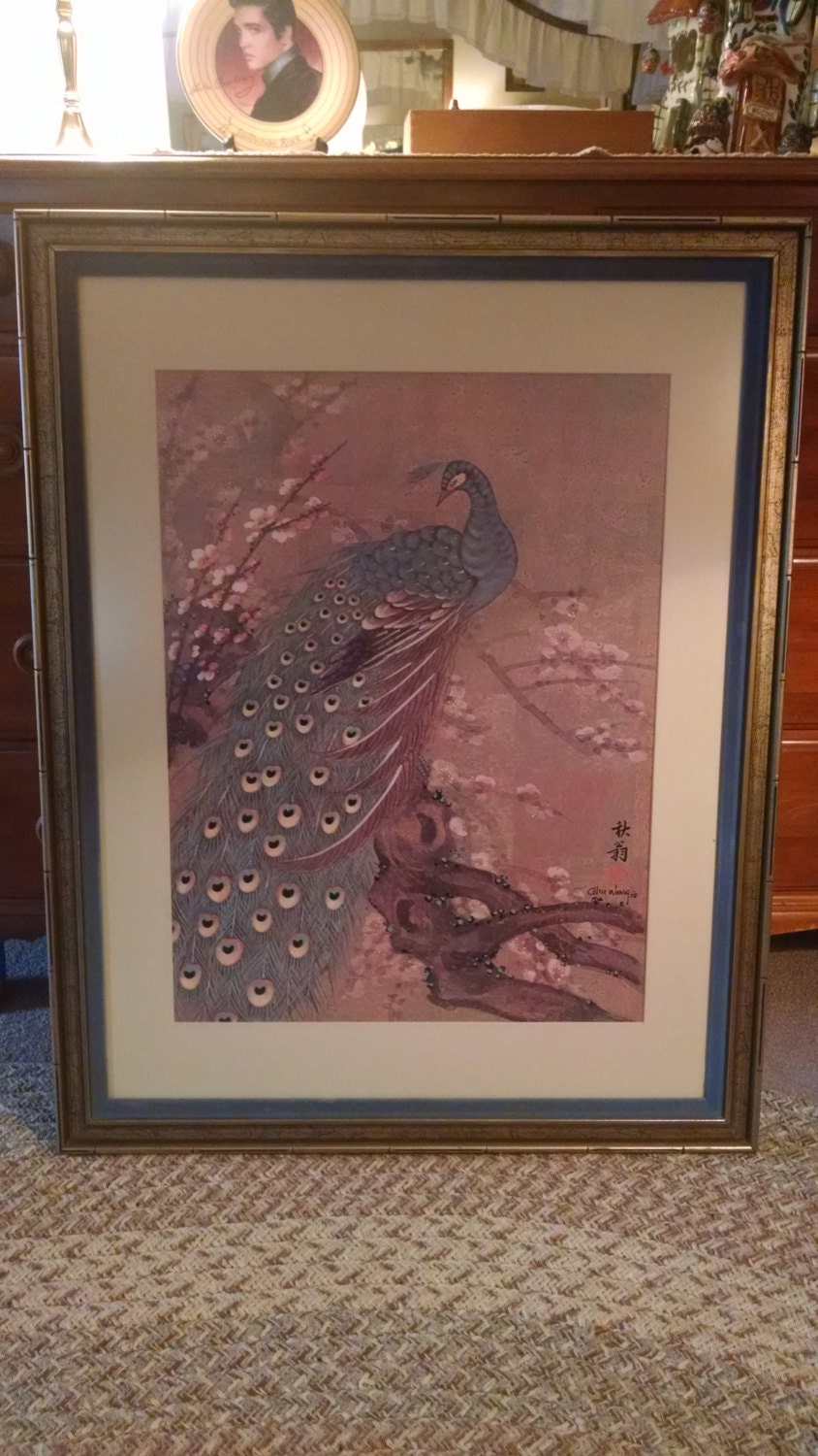 Vintage Chiu Weng '78 Peacock Lithograph Asian Art Velvet Beautiful Frame