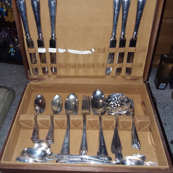 Antique 1847 Rogers XS Triple Plate Silverware Set Wood Case 68 Pieces Serves 6