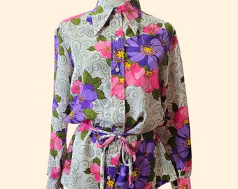 1960s Floral Print Dagger Collar Shirt ~ Large ~ Pink Purple Flower Power Paisley Long Sleeve Blouse