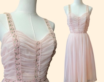1960s Shadowline Pink Ruched Floral Trim Nightgown ~ Extra Small ~ Bridal Princess
