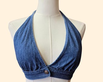 1970s Denim Halter Top ~ Extra Small ~ Boho
