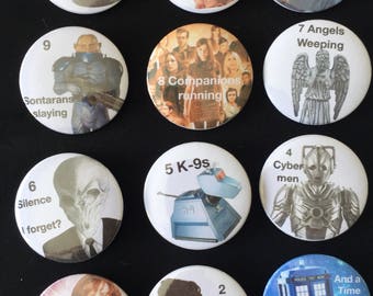 Dr who, 12 days of christmas, dalek, cyberman, tardis, TV, badge set, Christmas present, holidays