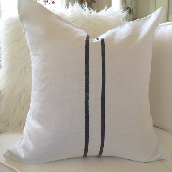 Pillow Cover, White Linen, Hand Painted Stripes, 20X20