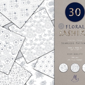 Peut inclure: Un ensemble de 30 motifs numériques sans couture de papier numérique avec des motifs floraux sashiko en noir et blanc. Les motifs mesurent 3600 x 3600 pixels, 12 pouces par 12 pouces et 300 DPI. Le format de fichier est JPG.