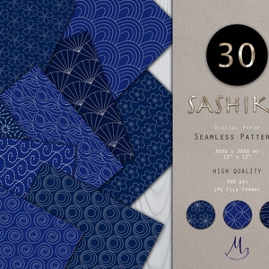 Sashiko Japanese Seamless Pattern 30 in 1 Digital Paper Pack Navy Blue Scrapbook Paper Instant Download Commercial Use Invitation Background