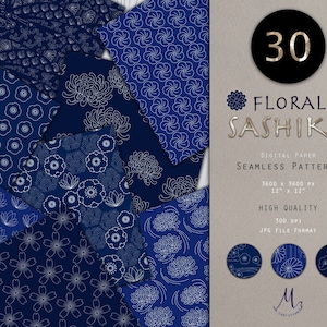 Floral Sashiko Japanese Seamless Pattern 30 in 1 Digital Paper Navy Blue Background Scrapbook Paper Commercial Use Invitation Textile Print