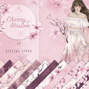 Cherry Blossom Digital Paper Pack, Scrapbook Paper, Seamless Pattern, Japanese Sakura, Commercial Use 12 x 12 Inches, Invitation, Planner