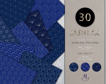 Sashiko Japanese Seamless Pattern 30 in 1 Digital Paper Pack Navy Blue Scrapbook Paper Instant Download Commercial Use Invitation Background