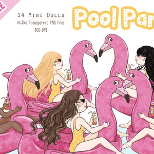 Pool Party Clip Art FULL BUNDLE, Fashion Mini Dolls, Planner Clipart, Summer Sticker Graphic, Hand Drawn, Scrapbook Elements,Printables,Flamingo