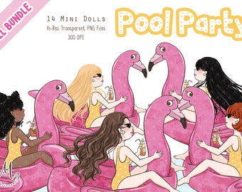 Pool-Party-ClipArt voller BUNDLE, Mode Mini Puppen, Planer Clipart, Sommer-Aufkleber-Grafik, von Hand gezeichnet, Scrapbook Elemente, Printables, Flamingo