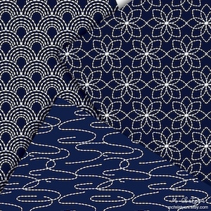 Sashiko Japanese Pattern Digital Paper Pack Navy Blue Scrapbook Paper Instant Download Commercial Use 12 x 12 Inches Invitation Background image 3